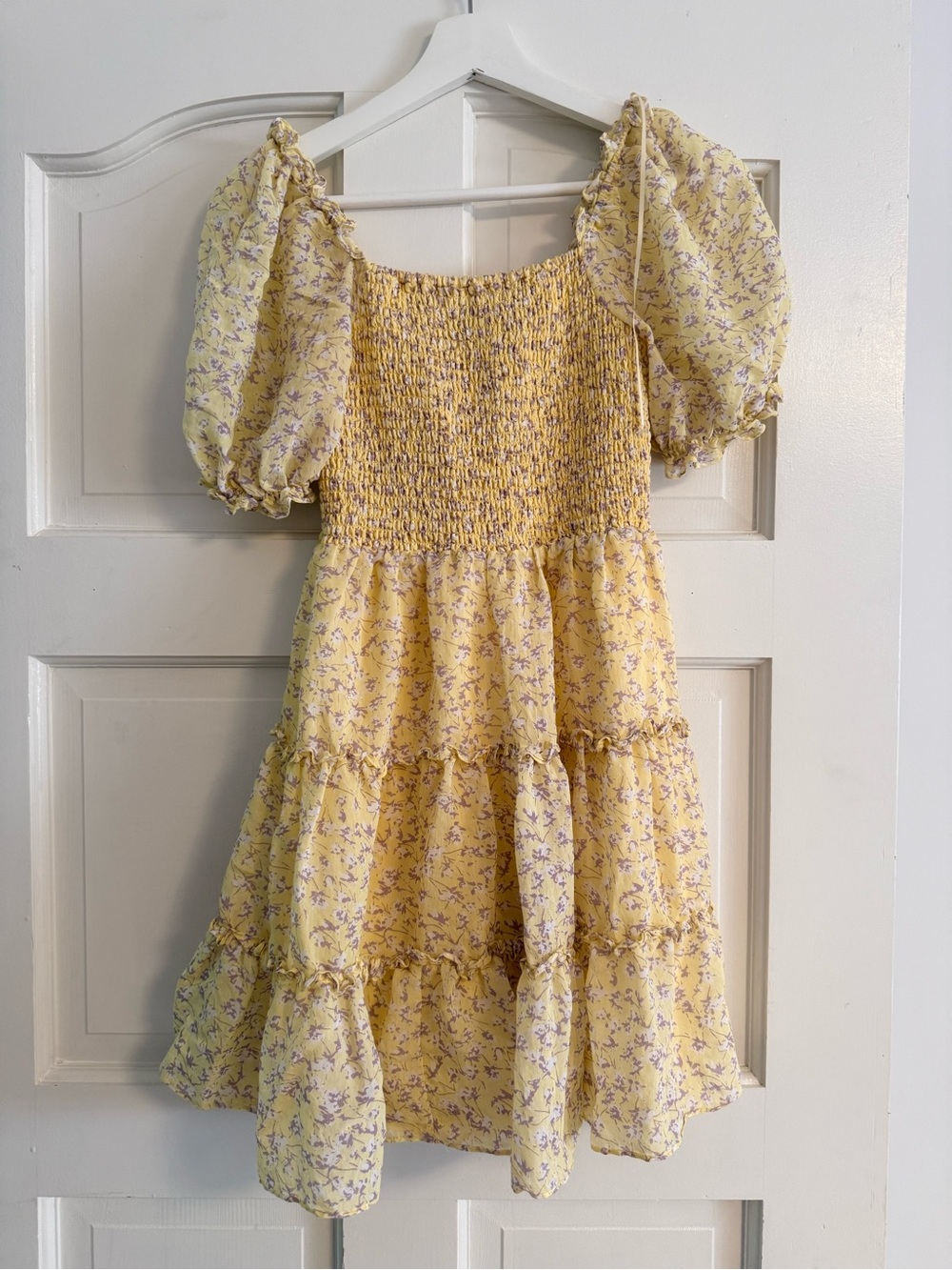 Bardot Yellow Floral Smocked Puff-Sleeve Tiered Dress